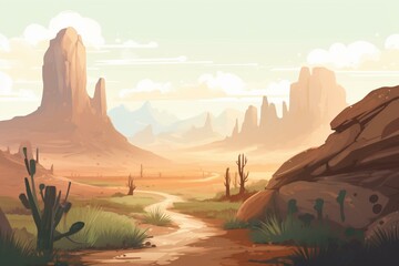 Illustration of a western desert valley landscape with a road path through low vegetation bushes and cacti, leading to sandstone mountains. Generative AI