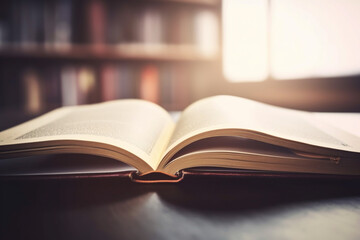 Naklejka premium The Book Day concept of education and learning is shown with a book being opened in an old library and a classroom full of book shelves in the blurred background. Generative AI