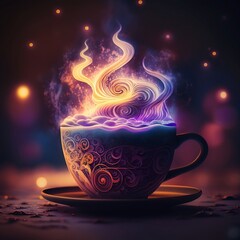 Cup of coffee and milk foam, cappuccino or other hot drink with heon glowing steam. AI generated