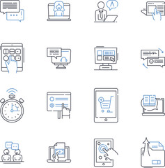 Digital media line icons collection. Interactivity, Convergence, Accessibility, Engagement, Virality, Innovation, Adaptability vector and linear illustration. Analytics,Integration,Conformity outline