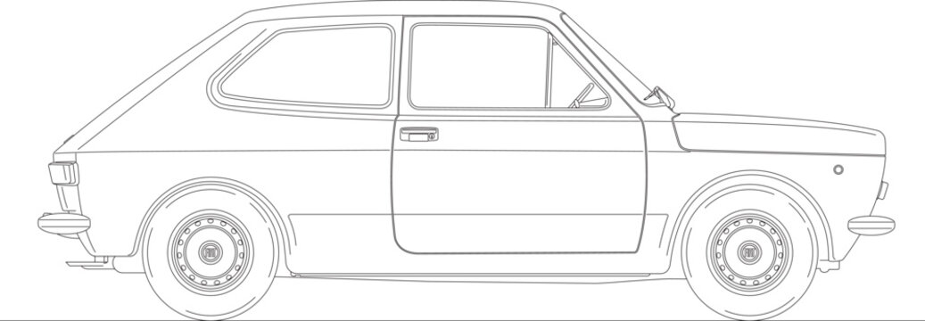 Italy, year 1972, Fiat 127 3P popular italian vintage car, illustration outlined