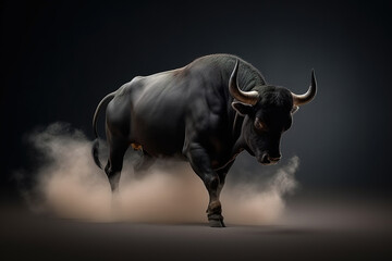 Majestic black bull in the clouds of dust, stunning photorealistic illustration generated by Ai