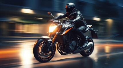 Biker rides at the city streets in the night. Blurred motion, fast speed. Photorealistic illustration generated by Ai