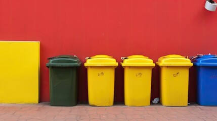 Colorful recycling bins near a wall. Generative AI