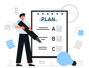 Man with plan concept. Young guy with marker ticks document. Organization of effective workflow and time management. Goal setting and leadership, motivation. Cartoon flat vector illustration