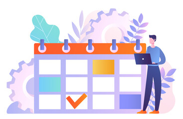 Planning calendar concept. Organization of effective workflow and time management. Hardworking worker or entrepreneur. News and events, reminder and timetable. Cartoon flat vector illustration
