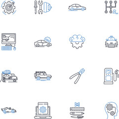 Auto maintenance line icons collection. Oil, Filter, Tire, Brake, Battery, Engine, Fluid vector and linear illustration. Spark,Plug,Suspension outline signs set