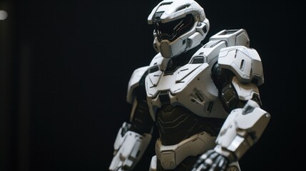 Fototapeta na wymiar White suit futuristic astronaut on dark background. Generative AI.