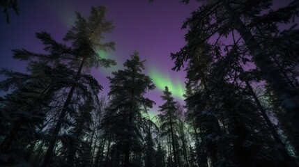 Fototapeta na wymiar Generative AI of purple and green northern light on forest.