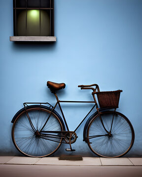 Old Rusty Bicycle leaning against blue wall