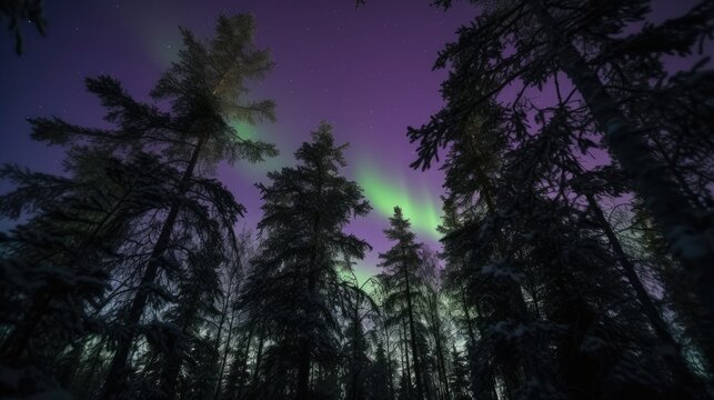 Generative AI of purple and green northern light on forest.