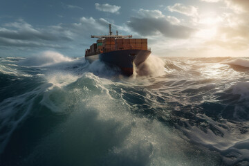 Cargo ship in the open sea, stormy weather and braking waves. Ai generated illustration.