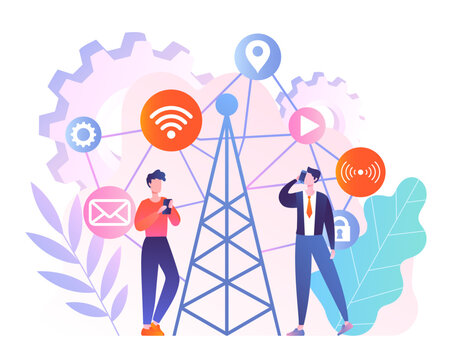 Men near radio. Wireless internet, 5g. Modern technologies and digital world, cyberspace. Online communication and connection. Men with devices in city. Cartoon flat vector illustration