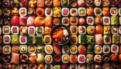 Top view of various Japanese Sushi on the dark black background. Food and cuisine concept. Nutrition and vitamin theme. Generative AI