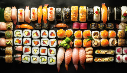 Top view of various Japanese Sushi on the dark black background. Food and cuisine concept. Nutrition and vitamin theme. Generative AI