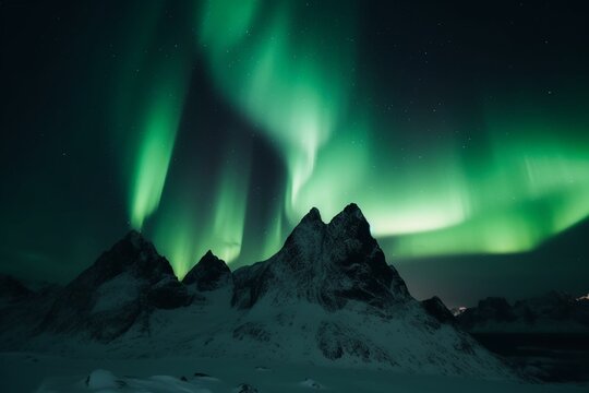 Aurora borealis over in the dark night sky with snowy mountains. Generative AI