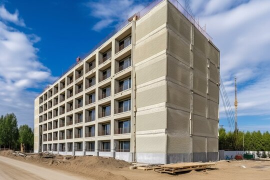 Residential apartment or business office building construction site with external wall facade insulating rockwool for thermal protection and economy. Modern heat thermo efficiency. Generative AI
