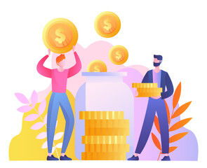 People with savings. Men with gold coins near glass jar. Budget and savings, financial literacy and passive income. Investing and trading, budgeting and accounting. Cartoon flat vector illustration