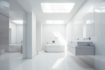 Fototapeta na wymiar A simple white bathroom 3d render. The room has white walls and floors decorated with hidden light in the walls. Natural light shines through the skylight box on the ceiling. Generative AI