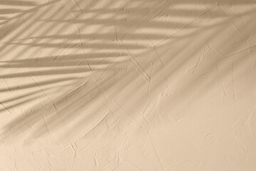 Minimalist aesthetic natural summer background with blurry sunlight shadow of tropical palm leaves on warm beige plaster textured wall, copy space