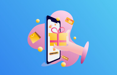 A  Hand hold presents and Online shopping in phone vector design for online social media website