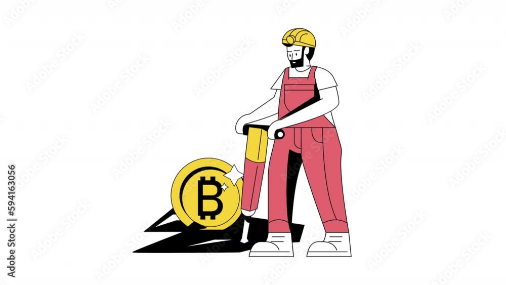 Poster bitcoin with miner character animation