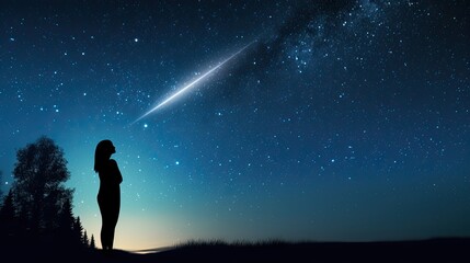 Silhouetted woman observing shooting star in night sky. - obrazy, fototapety, plakaty