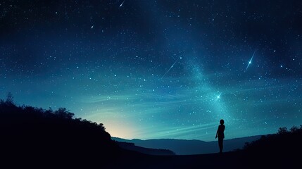 Fototapeta premium Lone figure watching meteor shower in expansive night sky.