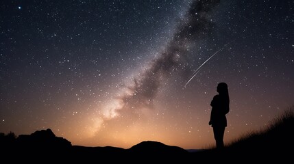 Obraz na płótnie Canvas Silhouette of a person stargazing under a starry sky.