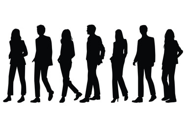 Vector silhouettes of  men and a women, a group of standing  business people, black color isolated on white background