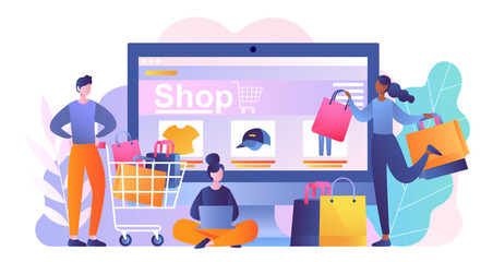 Online shopping concept. Man and women with packages and basket on background of computer. Commerce, transfers and transactions on Internet. Advertising and marketing. Cartoon flat vector illustration