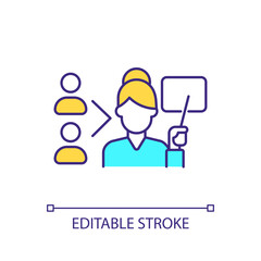 Teacher RGB color icon. Tutor and students relationship. Lesson communication. School education. Pedagogy. Isolated vector illustration. Simple filled line drawing. Editable stroke