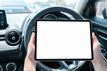 Woman sitting in a private car and hand holding digital tablet mockup of blank screen, Take your screen to put on advertising.