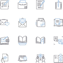 Article creation line icons collection. Writing, Research, Content, Blogging, Editing, Brainstorming, Communication vector and linear illustration. SEO,Collaboration,Copywriting outline signs set