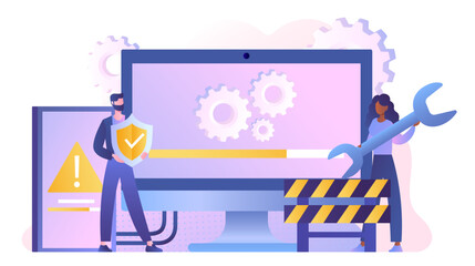System update concept. Downloading files, programmers upgrading operating system and software. Development and installation of mobile applications and programs. Cartoon flat vector illustration