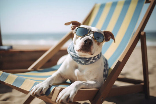 Dog with sunglasses in deck chair at beach. Generative AI illustration