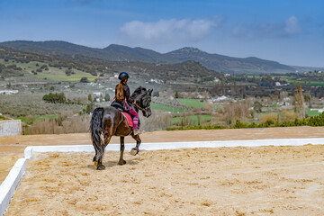 unrecognizable woman riding on a black horse with a mountainous landscape in the background and blue sky