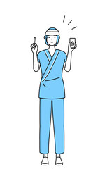 スマホのセキュリティ対策をする頭に包帯を巻いた女性入院患者