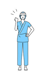 ガッツポーズをする頭に包帯を巻いた女性入院患者