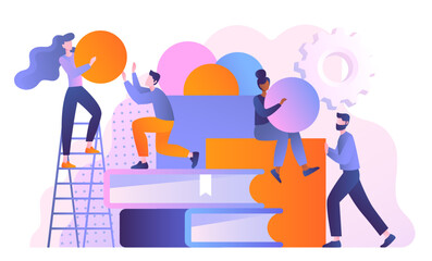 Concept of teamwork. Colleagues working on common project, organizing effective workflow. Men and women with geometric shapes. Collaboration and cooperation. Cartoon flat vector illustration