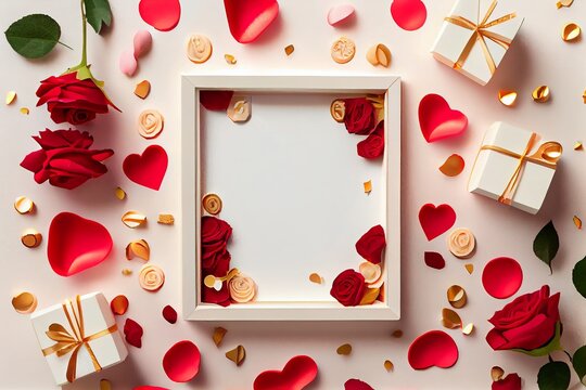 Valentine's Day. Frame made of rose flowers, gifts, candles, confetti on white background. Valentines day background. Flat lay, top view