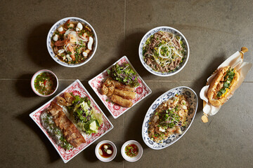 Various types of Vietnamese food, rice noodles, spring rolls