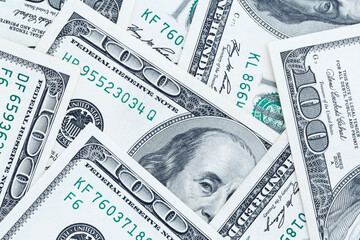 close up of one hundred US dollars banknotes
