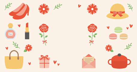 女性、女の子向けのプレゼントの背景フレーム、サムネイル素材。女性物のバッグや靴、化粧品やエプロンなどの贈り物。かわいいベクターイラスト。 - Background frames and thumbnails of gifts for women and girls. Cute vector illustrations.