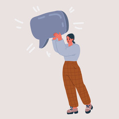 Vector illustration of Online messaging concept. Young woman holding on speech bubble chatting with friends on social networks. Remote communication.