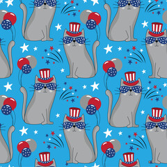 Cool cats in USA patriotic hat seamless childish pattern. Funny cartoon animal character for fabric, wrapping, textile, wallpaper, apparel. Vector illustration