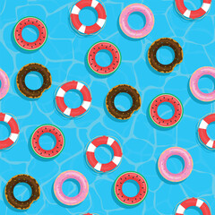 Seamless pattern lifebuoys. Watermelon help ring, donut round rescue, red white lifebuoy. Vector illustration