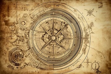 Obraz na płótnie Canvas Ancient astronomical instruments on vintage paper background. Abstract old conceptual background on history, mysticism, astrology, science, etc. Generative AI