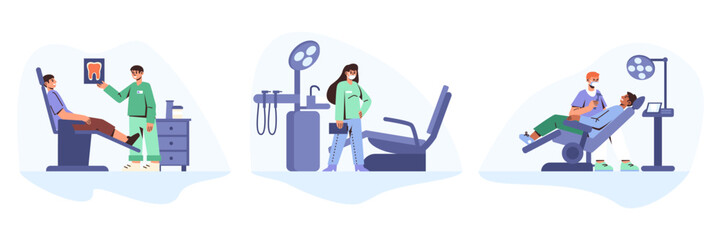 Set of cartoon characters of dentists examining their patients in hospital