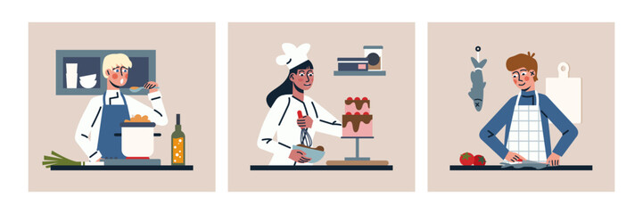 Set of colored cartoon characters engaged in cooking